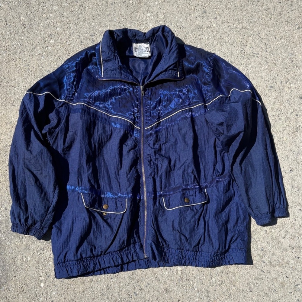 Vintage 90s Active Frontier Navy Blue Windbreaker Jacket Mens 2X Full Zip Retro